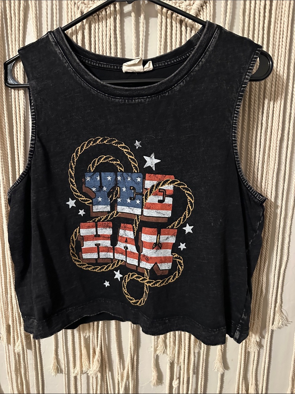 White Crow Black Cropped Tank with American Flag Graphic & Rope Detail